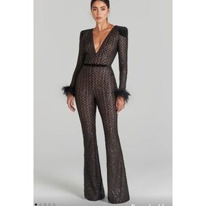Nadine Merabi Black Sequin Lace Jumpsuit Feather Cuffs Flare Leg US 6 SM